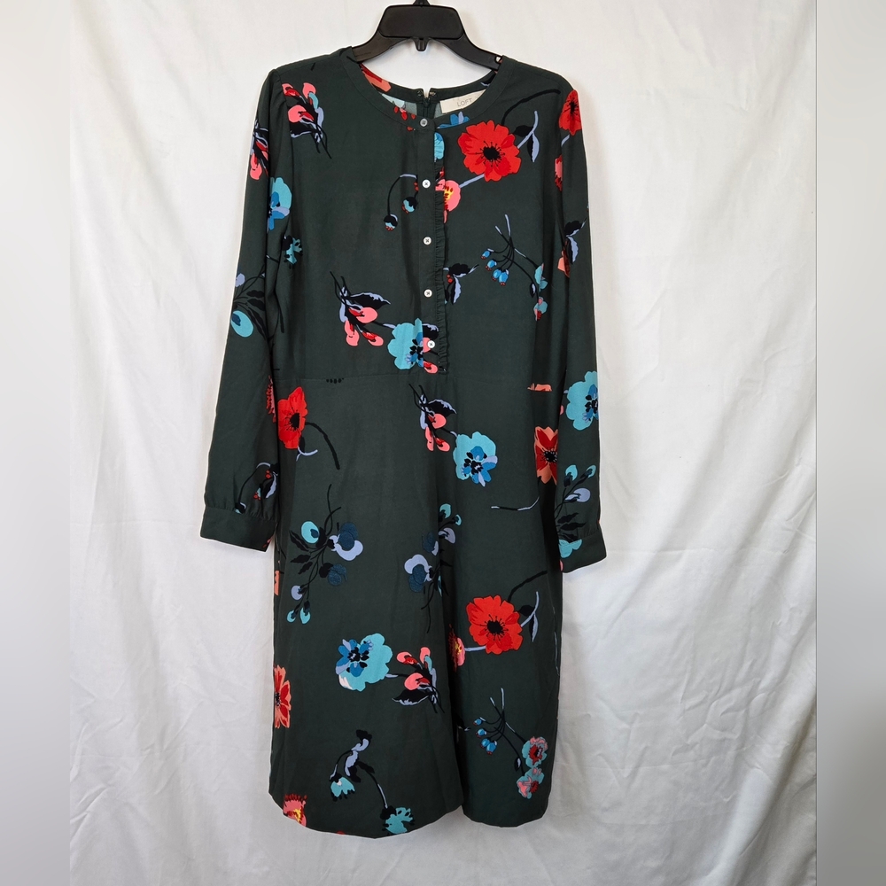 Loft Women Moss Green Red Blue Floral Long Sleeve Boho Career Button Dress‎ 16